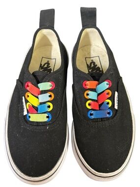 Vans Kids Classic Black Canvas Slip-On Sneakers Rainbow Elastic Laces Size 10.5